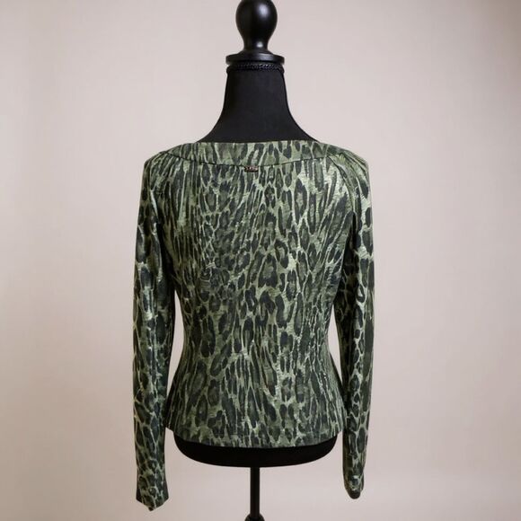 St. John Sport Women’s Exotic Leopard Print Top Green Size Designer Knit - Picture 2 of 5